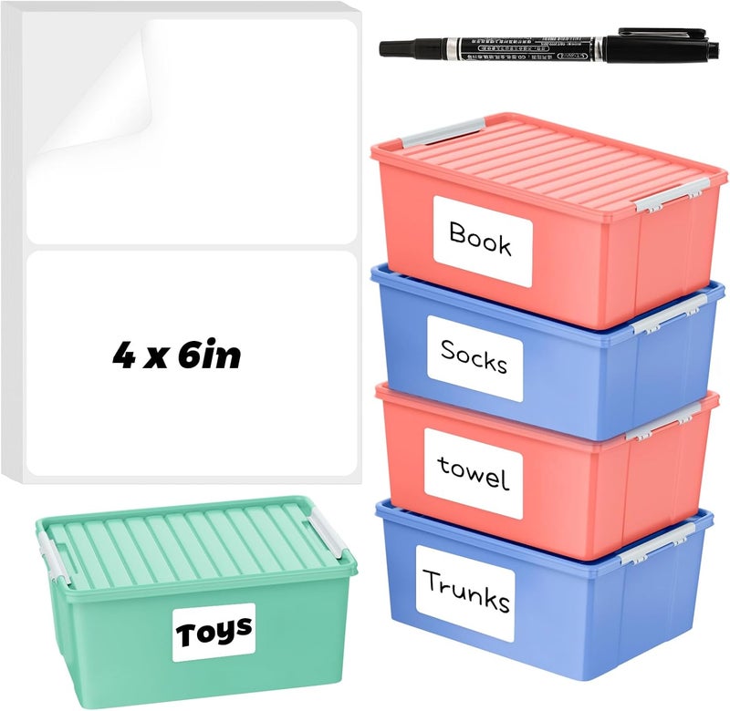 Thboxes 200 Pcs Labels for Storage Bins, 6 x 4 inch Large Label Stickers with 1 Double-Ended Marker Pen Removable Labels Adhesive Moving Labels Blank Labels Tear Resistant No Residue for School Business Home - Image 1